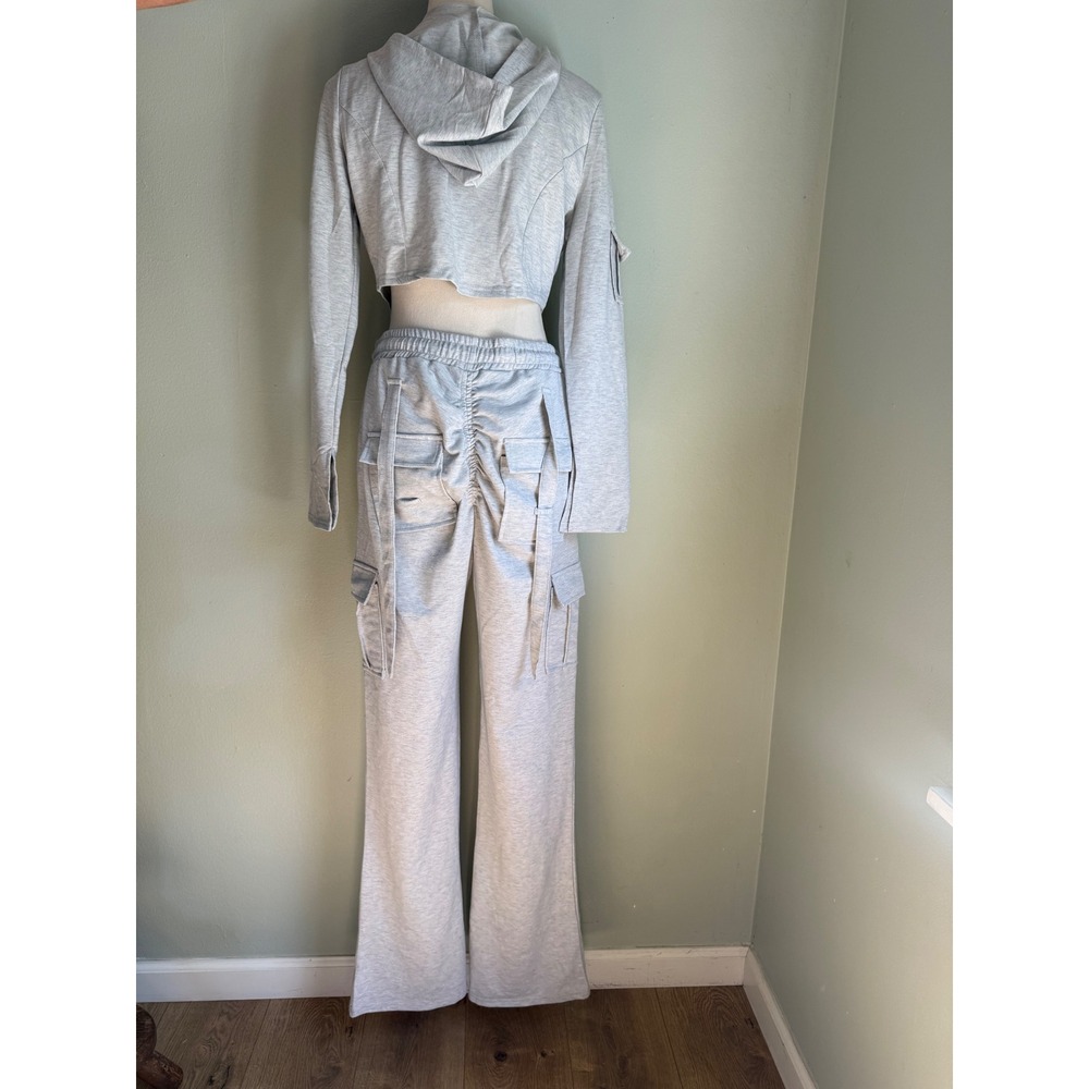 athleisure Cropped Zip Hoodie Wide Leg Cargo Pant Set XL workout Gray Streetwear